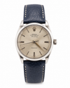 Vintage Rolex Oyster Perpetual Air-King Precision automatic watch with silver sunburst dial, stainless steel case, and blue leather strap—pre-owned at Cassim & Co. Johannesburg