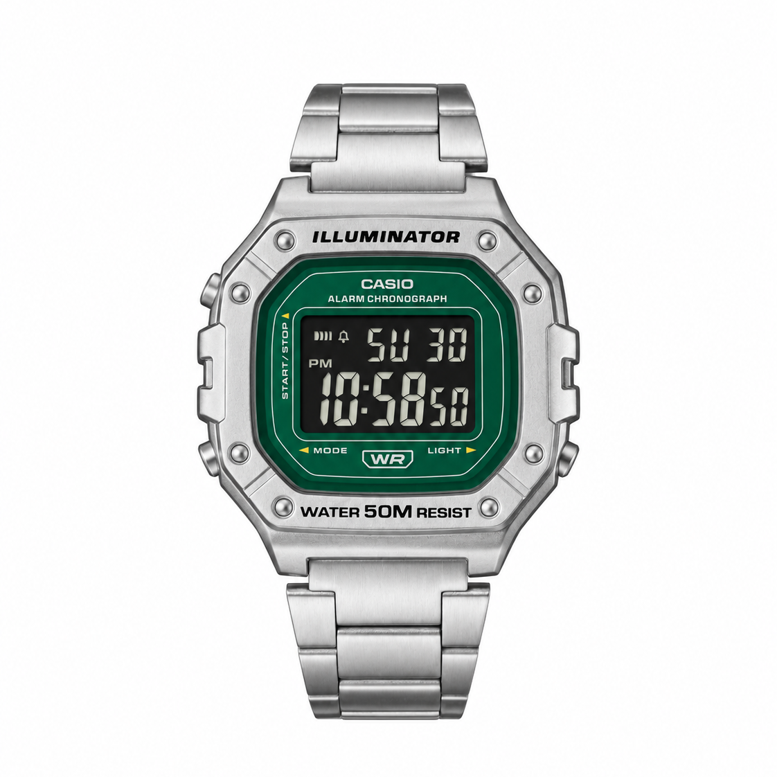 Casio W-218HD Illuminator Digital Green Dial Stainless Steel Chronograph Watch (W-218HD-3AVDF)