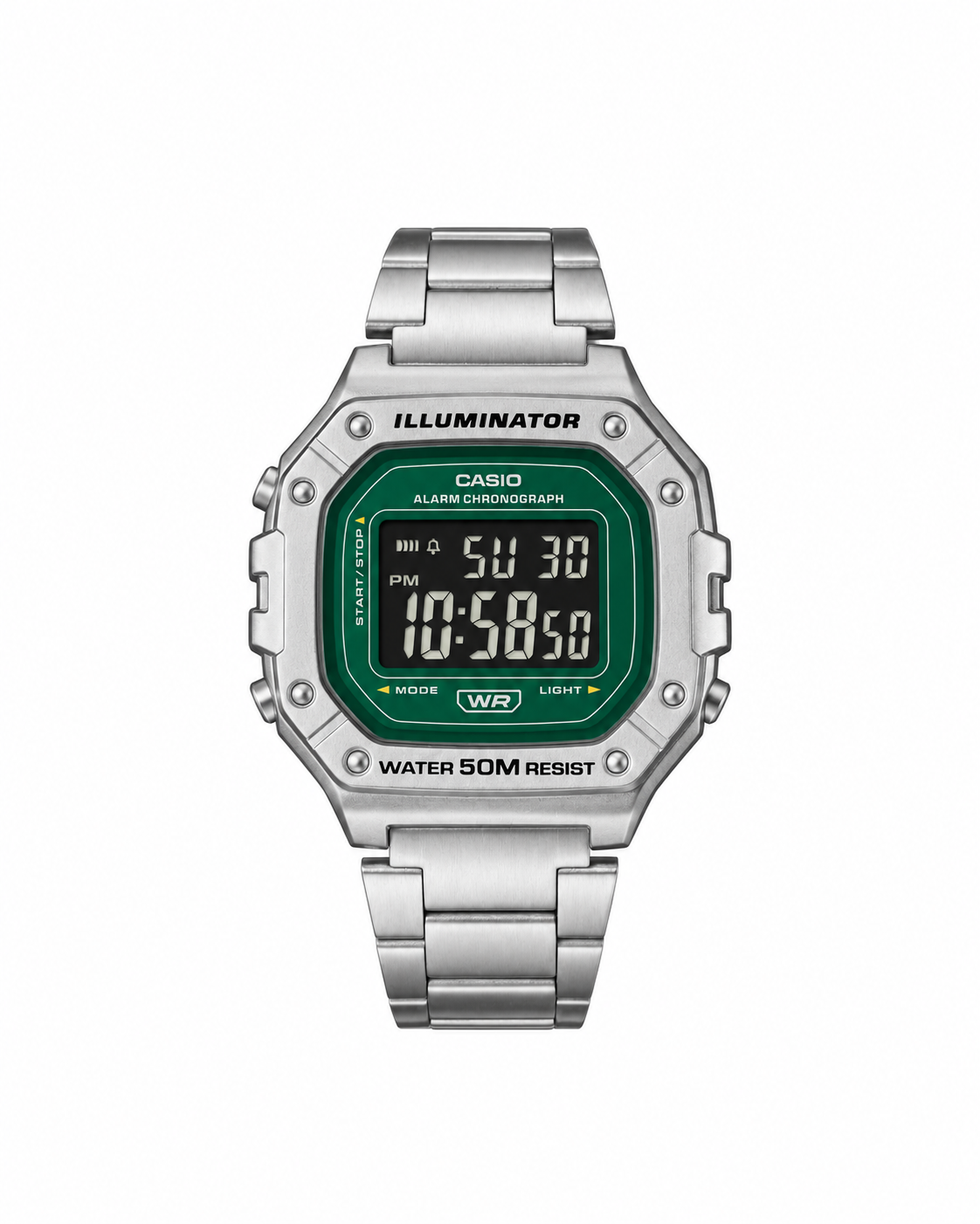 Casio W-218HD Illuminator Digital Green Dial Stainless Steel Chronograph Watch (W-218HD-3AVDF)