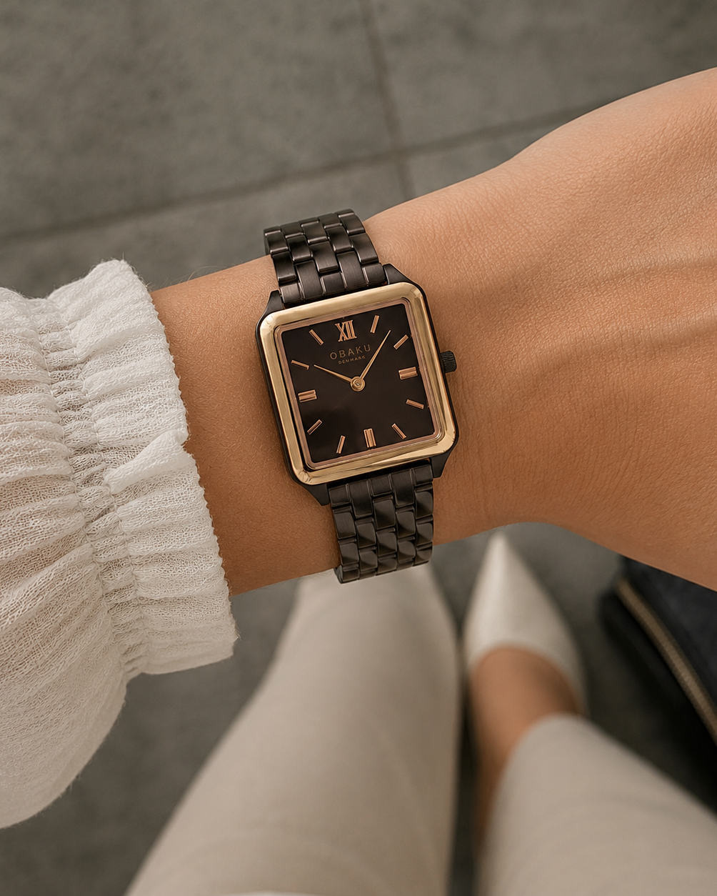 Obaku Graf Walnut Quartz Brown Dial Rectangular Two-Tone Ladies Watch (V309LXXNSN)