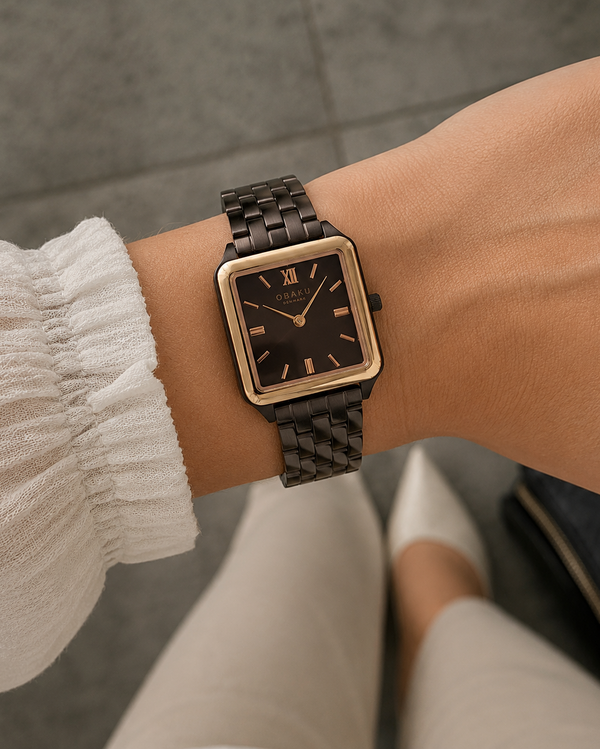 Obaku Graf Walnut Quartz Brown Dial Rectangular Two-Tone Ladies Watch (V309LXXNSN)