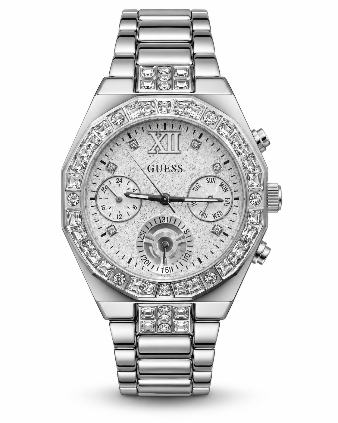 Guess Selina GW1116L1 ladies quartz watch with 36mm round stainless steel case, octagonal crystal-set bezel, silver sunray multifunction dial, and jewel-adorned steel bracelet