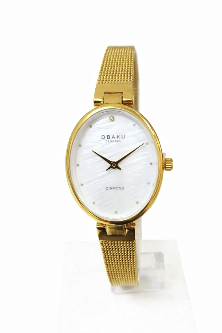 Obaku V312LXGWMG ladies quartz watch with oval mother-of-pearl dial, diamond marker, and gold-tone Milanese mesh bracelet