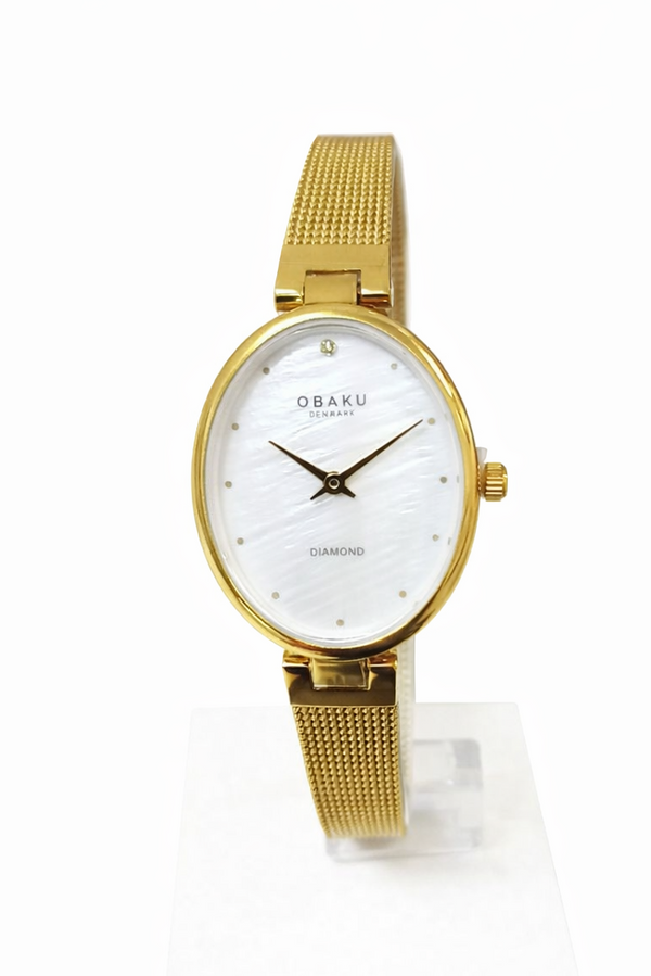 Obaku V312LXGWMG ladies quartz watch with oval mother-of-pearl dial, diamond marker, and gold-tone Milanese mesh bracelet