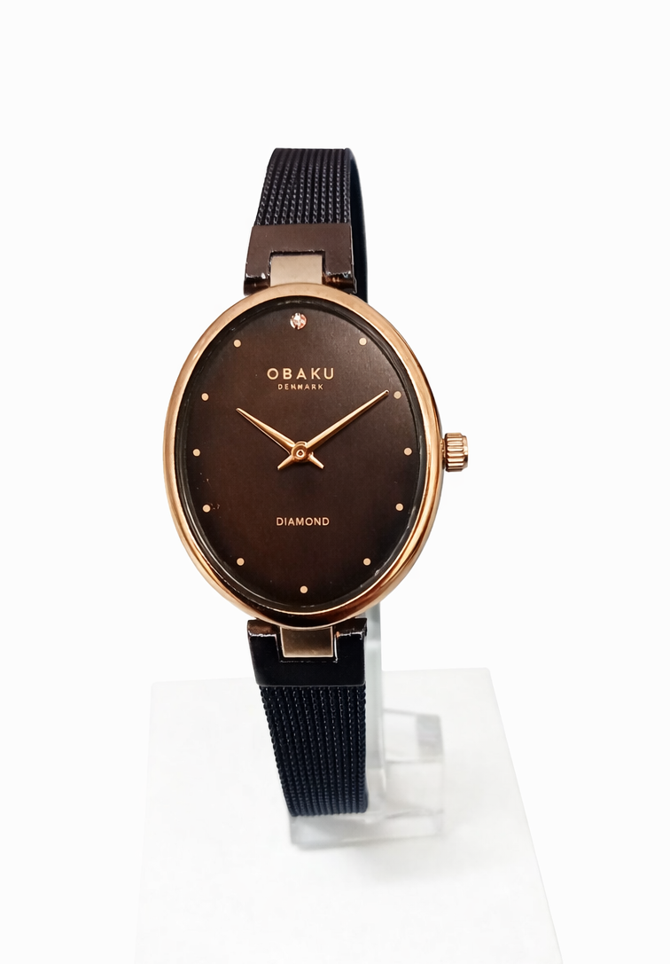 Obaku Denmark V312LXVNMN ladies watch with oval rose gold PVD case, brown dial with genuine diamond, mesh bracelet, Cassim & Co authorised retailer