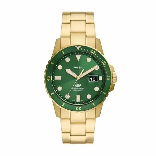 Fossil Blue Dive FS5950 green dial gold-tone stainless steel quartz watch with rotating bezel and date display