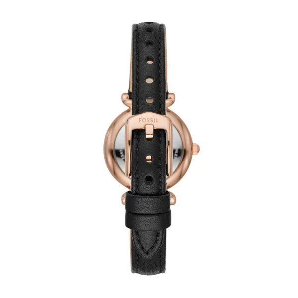 Fossil Carlie Mini Quartz Black Mother-of-Pearl Rose Gold Leather Watch (ES4700)