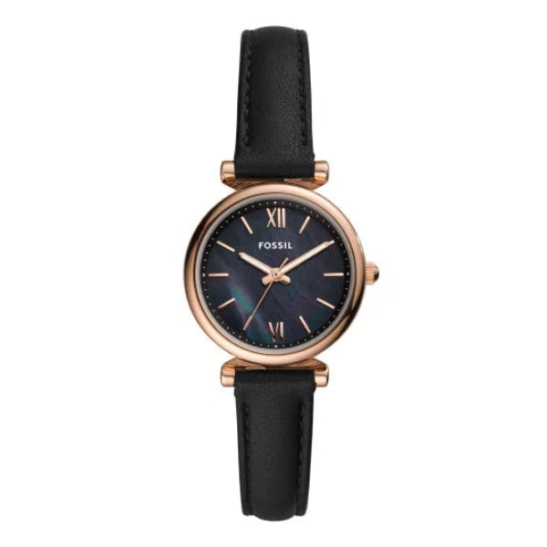Fossil Carlie Mini Quartz Black Mother-of-Pearl Rose Gold Leather Watch (ES4700)