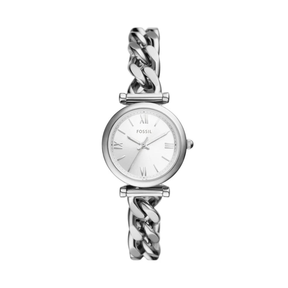 Fossil Carlie Mini watch front view with silver sunray dial and Roman numerals