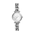 Fossil Carlie Mini watch front view with silver sunray dial and Roman numerals