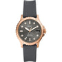 Fossil FB-01 ES5293 quartz diver watch with 36mm rose gold stainless steel case, grey dial with crystal markers, date window, and grey silicone strap