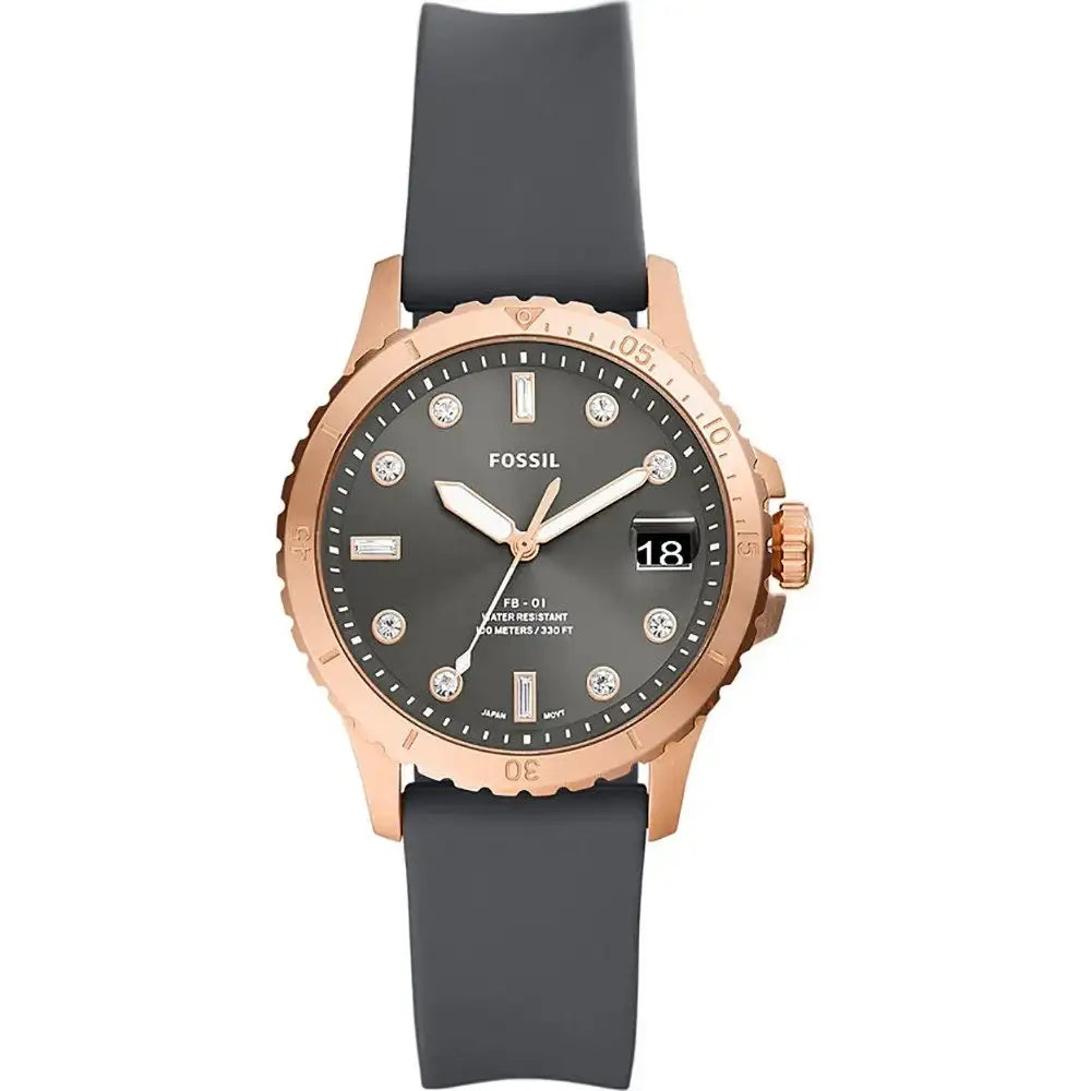 Fossil FB-01 ES5293 quartz diver watch with 36mm rose gold stainless steel case, grey dial with crystal markers, date window, and grey silicone strap