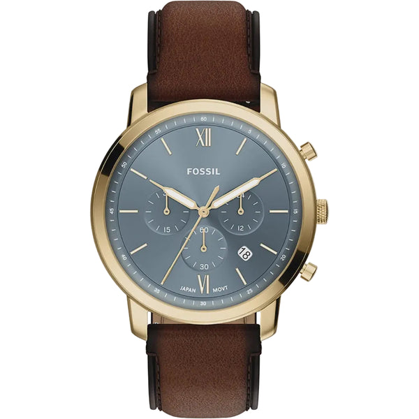 Fossil Neutra Chronograph FS6162 Quartz Watch with Blue Dial, Gold-Tone 44mm Case, and Brown Leather Strap