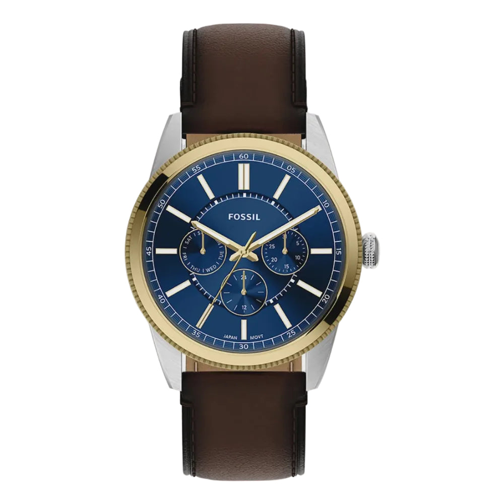 Fossil Pearson FS6195 men's quartz watch with blue sunray dial, two-tone stainless steel case with gold bezel, multifunction day-date sub-dials, and brown leather strap