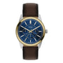 Fossil Pearson FS6195 watch with blue sunray dial, three sub-dials and leather strap