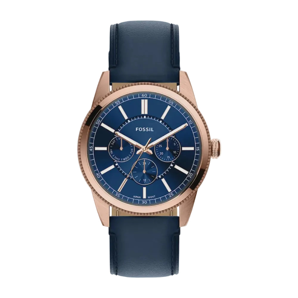 Fossil Pearson FS6196 quartz multifunction watch with 42mm rose gold stainless steel case, navy blue dial with day-date subdials, and navy blue leather strap
