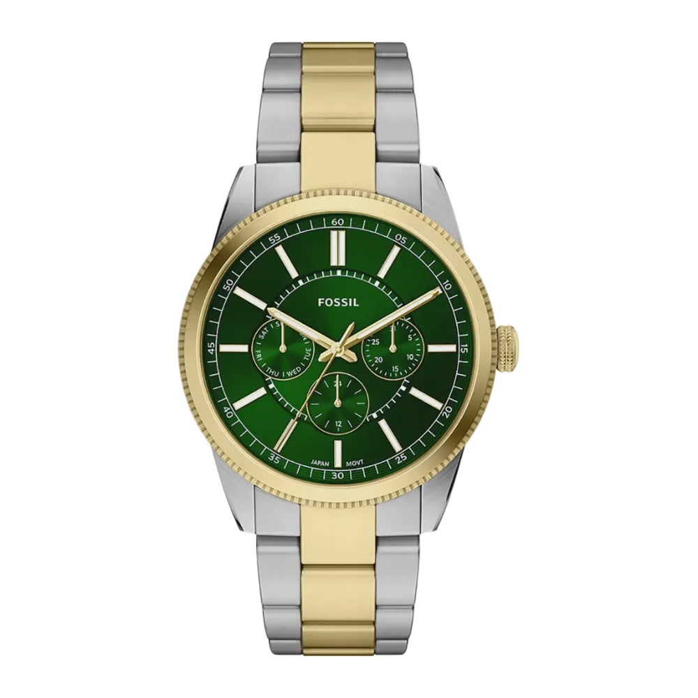 Fossil Pearson FS6197 quartz multifunction watch with green dial and two-tone stainless steel bracelet on white background