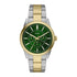 Green sunray dial watch with three subdials and two-tone stainless steel bracelet