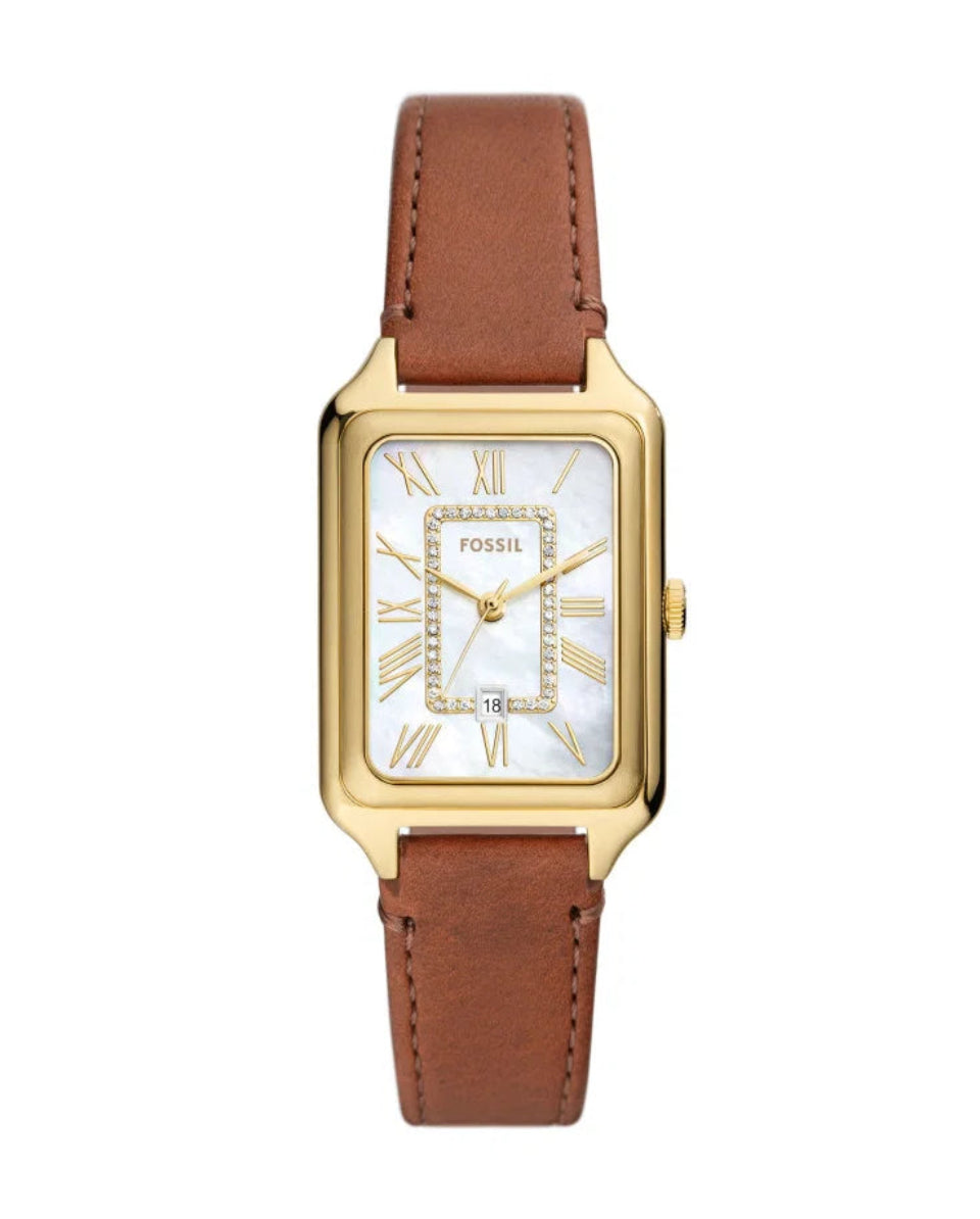 Fossil Raquel Quartz Date White Mother-of-Pearl Dial Gold-Tone Stainless Steel Rectangular Watch (ES5307)