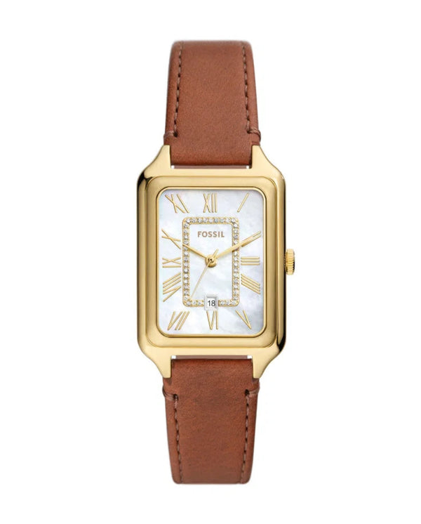 Fossil Raquel Quartz Date White Mother-of-Pearl Dial Gold-Tone Stainless Steel Rectangular Watch (ES5307)