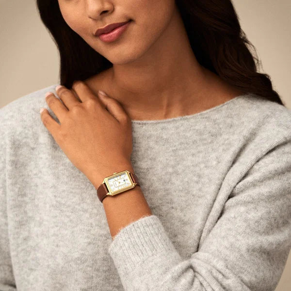 Fossil Raquel Quartz Date White Mother-of-Pearl Dial Gold-Tone Stainless Steel Rectangular Watch (ES5307)