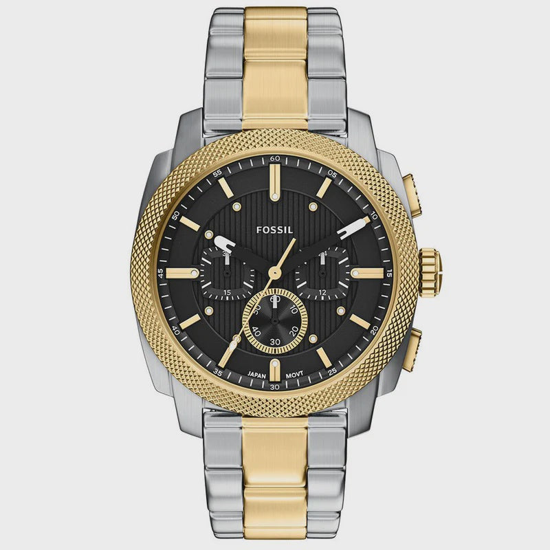 Fossil Machine Chronograph FS6159 two-tone stainless steel watch with black textured dial, gold-tone bezel, and chronograph sub-dials