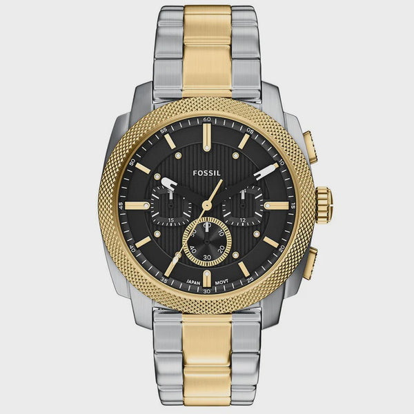 Fossil Machine Chronograph FS6159 two-tone stainless steel watch with black textured dial, gold-tone bezel, and chronograph sub-dials