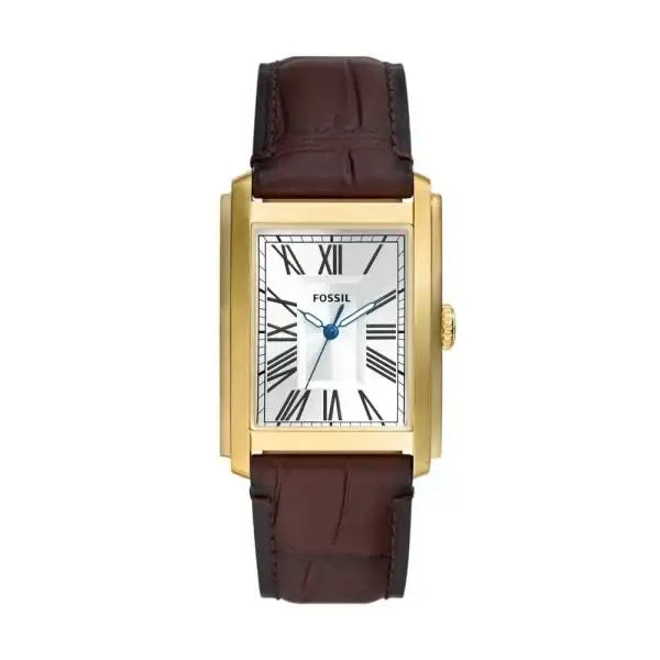 Fossil Carraway FS6011 rectangular gold-tone quartz watch with Roman numeral silver dial and brown croco-embossed leather strap