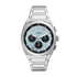 Fossil Everett Chronograph FS6105 stainless steel watch with sunray blue dial and three black chronograph sub-dials on integrated steel bracelet