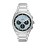 Fossil Everett Chronograph FS6105 stainless steel watch with sunray blue dial and three black chronograph sub-dials on integrated steel bracelet
