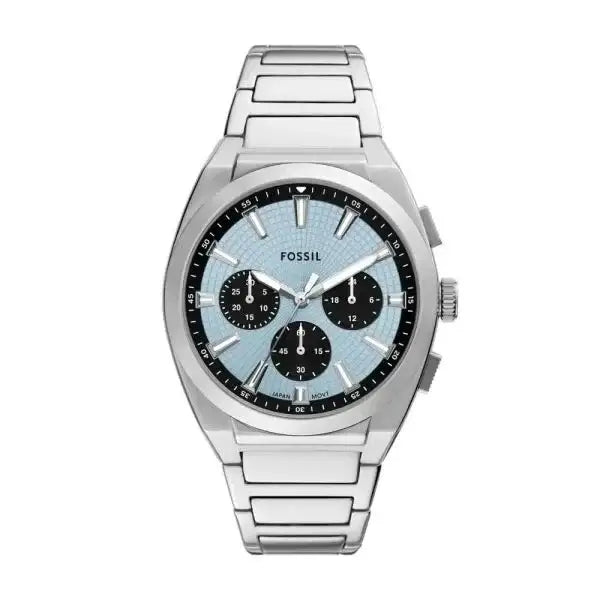Fossil Everett Chronograph FS6105 stainless steel watch with sunray blue dial and three black chronograph sub-dials on integrated steel bracelet