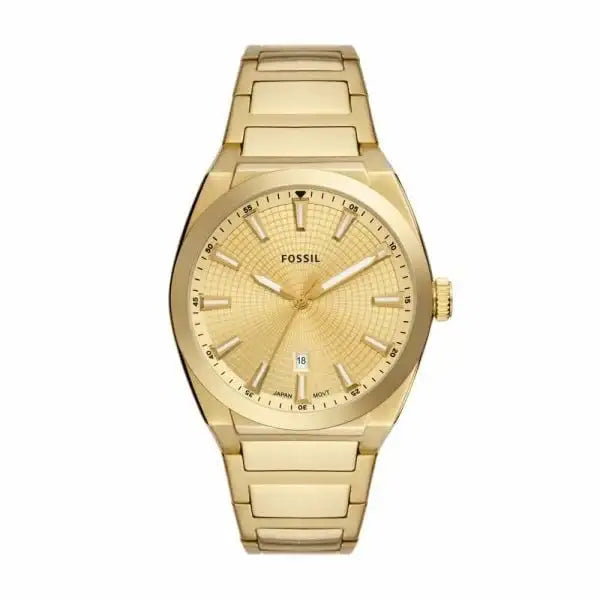 Fossil Everett FS5965 42mm gold-tone stainless steel quartz watch with sunray gold dial, date display, and integrated bracelet