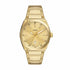 Fossil Everett FS5965 42mm gold-tone stainless steel quartz watch with sunray gold dial, date display, and integrated bracelet