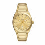 Fossil Everett FS5965 42mm gold-tone stainless steel quartz watch with sunray gold dial, date display, and integrated bracelet