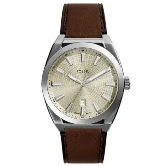 Fossil Everett FS6071 front view of champagne sunray dial and steel case