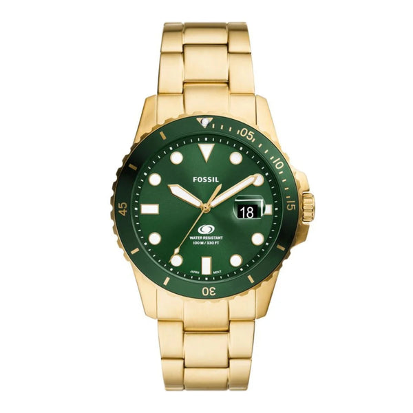 Fossil Blue Dive Quartz Green Dial Date Gold-Tone Stainless Steel Diver's Watch (FS6030)