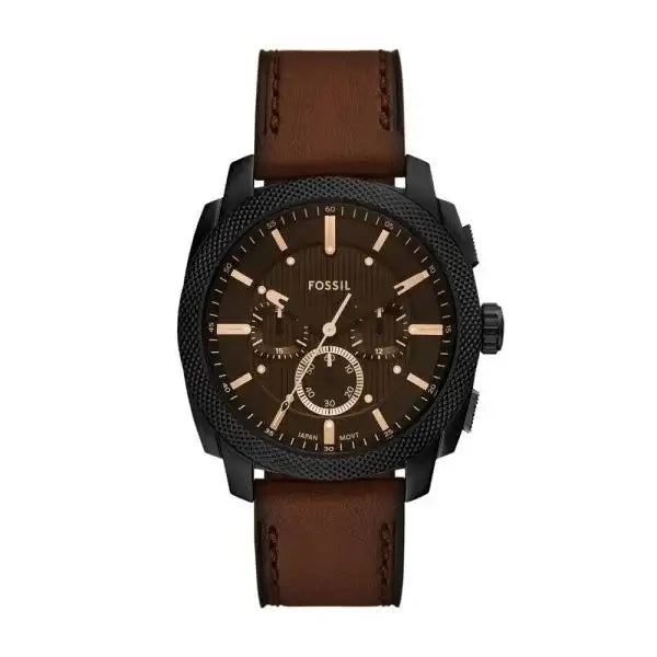 Fossil Machine FS6101 chronograph watch with 44mm black PVD stainless steel case, brown dial with rose gold-tone indices, and brown leather strap