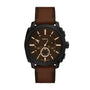Fossil Machine FS6101 chronograph watch with 44mm black PVD stainless steel case, brown dial with rose gold-tone indices, and brown leather strap