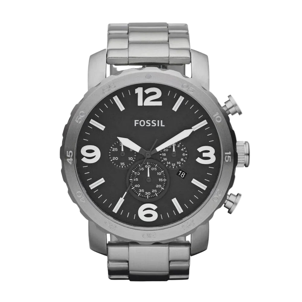 Fossil Nate Chronograph JR1353 50mm stainless steel watch with black dial and three sub-dials on steel bracelet