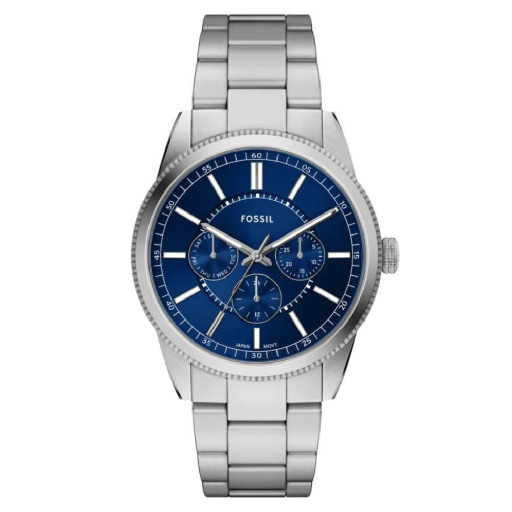 Fossil Pearson FS6134 front view showing blue sunray dial and three sub-dials
