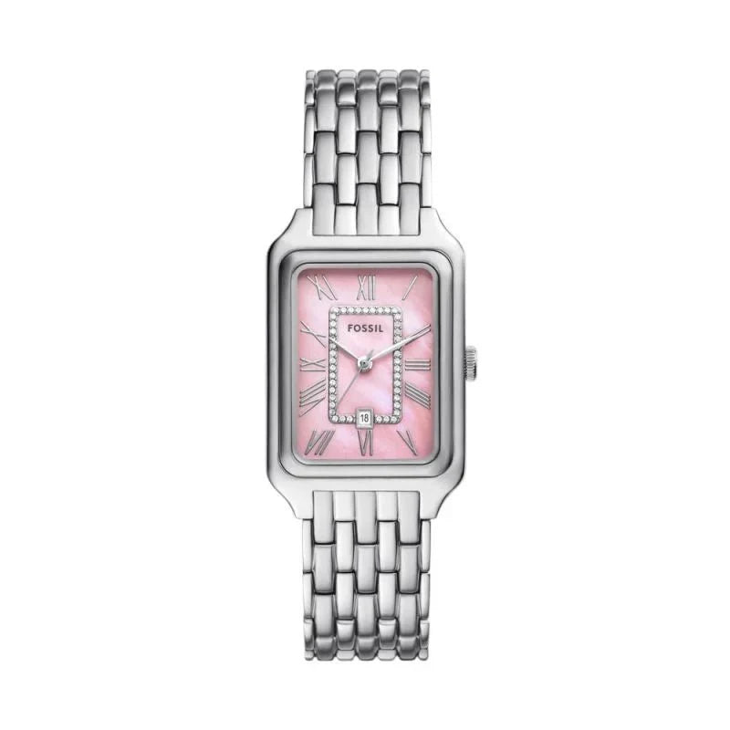 Fossil Raquel ES5401 pink mother-of-pearl dial with Roman numerals on steel bracelet