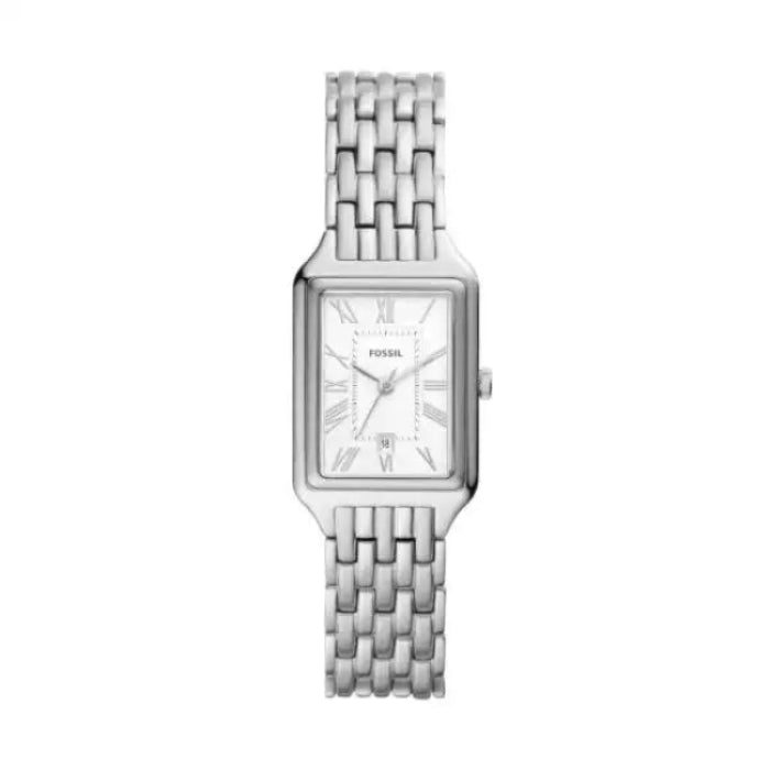 Fossil Raquel ES5221 front view showing white satin dial and Roman numerals