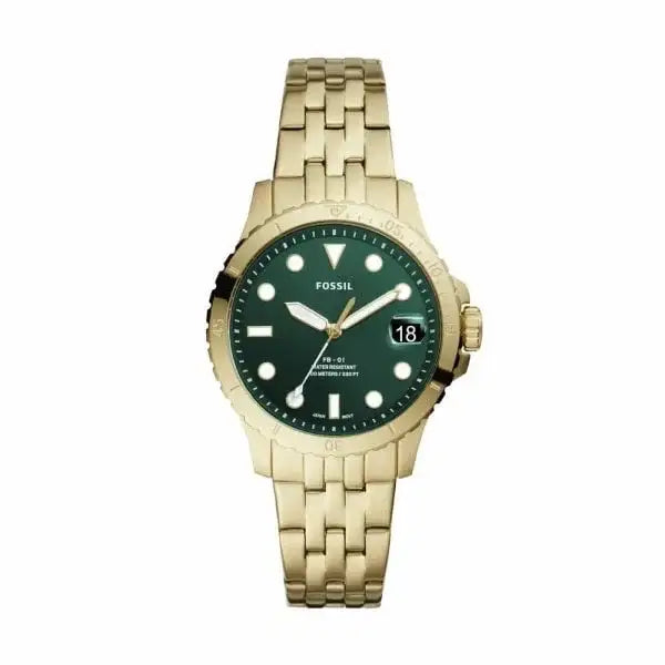 Fossil FB-01 Sport ES4746 quartz watch with green sunray dial and gold-tone stainless steel bracelet, 36mm case with unidirectional bezel