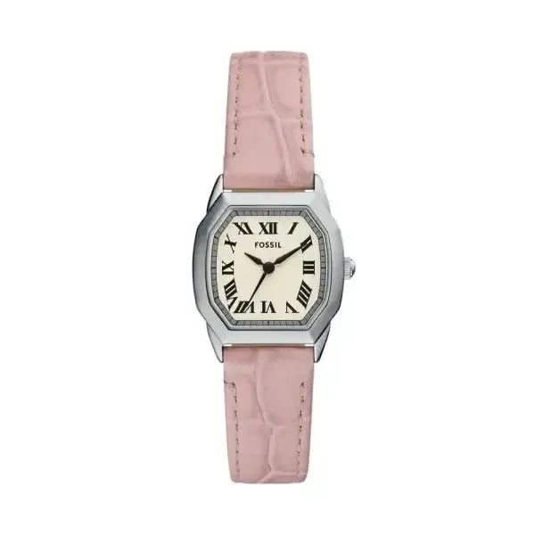 Fossil Harlow ES5406 quartz ladies watch with 27mm octagon stainless steel case, cream dial with Roman numerals, and light pink crocodile-embossed leather strap