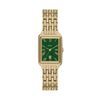 Fossil Raquel ES5452 ladies quartz watch with green sunray dial, Roman numeral markers, and gold-tone stainless steel rectangular case and integrated bracelet