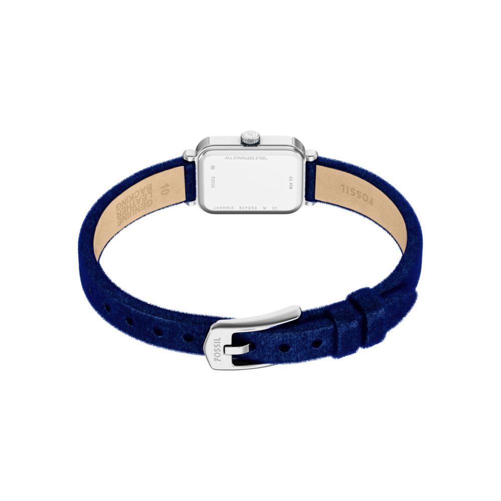 Fossil Raquel Quartz Rectangular Silver Dial Blue Velvet Strap Watch (ES5436)