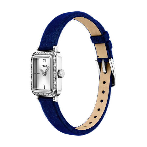 Fossil Raquel Quartz Rectangular Silver Dial Blue Velvet Strap Watch (ES5436)