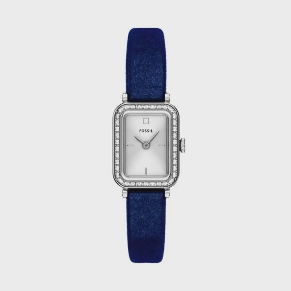 Fossil Raquel ES5436 rectangular quartz watch with silver dial, crystal-set stainless steel case, and navy blue velvet strap