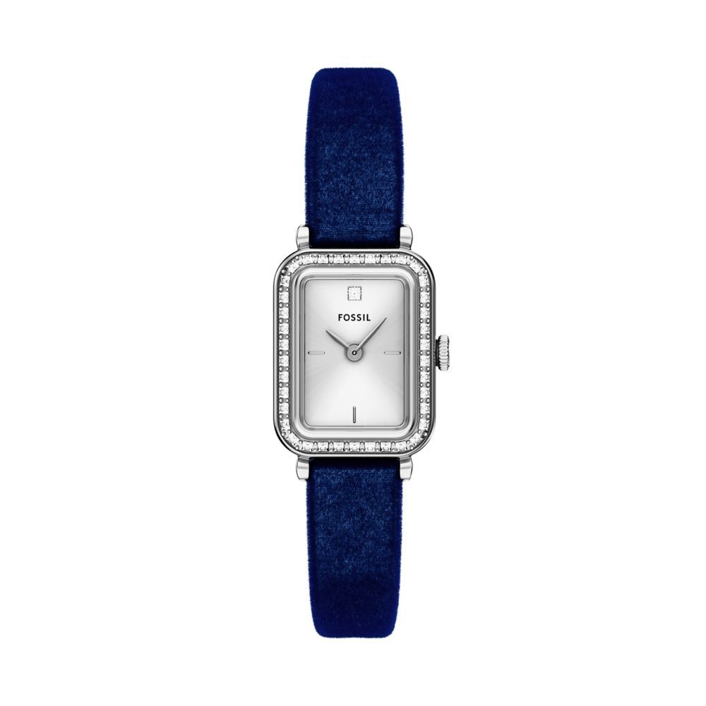 Fossil Raquel Quartz Rectangular Silver Dial Blue Velvet Strap Watch (ES5436)