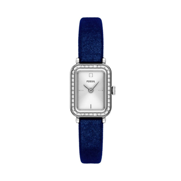 Fossil Raquel Quartz Rectangular Silver Dial Blue Velvet Strap Watch (ES5436)